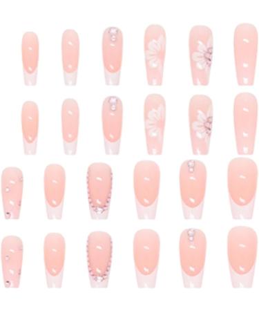 PLCPDM False s Flower Full Cover Tips French White Tip Stick On Rhinestones Press On for Women 1 set 1 box - Buy Online on GoSupps.com