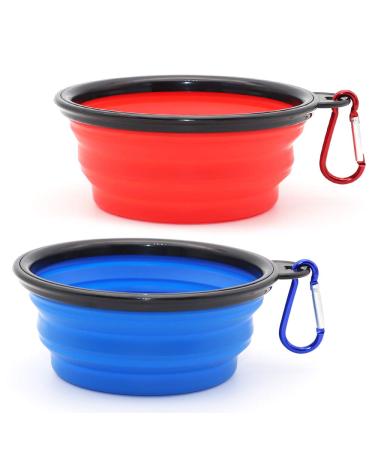 Slson 2 pieces of dog bitches foldable travel bowl spout -safe dog bowl with mountaineering carabiners for cats dogs and pets for water and feed (350ml blue and red) 350ml blue and red