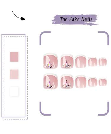 Pink Short Square Fake Toenails with Rhinestones - 24Pcs French False Toenails for Women & Girls - Buy Online on GoSupps.com