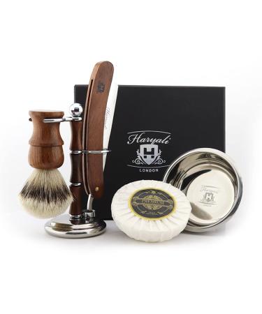 Haryali London shaving set 5-part razor set made of wood shaving brush set silver tip razor brush razor razor made of wood shaving soap shaving bowl
