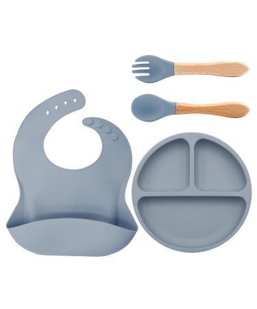 Lookka Baby Weaning Set 4 Pcs Baby Weaning Set Baby Suction Plate Bib Spoon and Fork BPA Free Silicone Feeding Set for Babies Toddlers Kids Blue