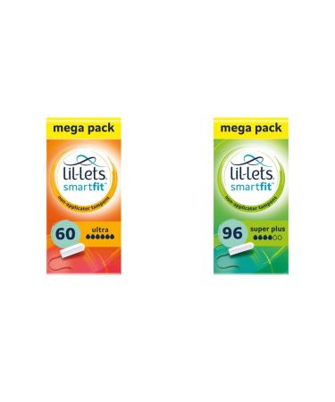 Lil-Lets Non-Applicator Ultra Tampons X 60 | 6 Packs of 10 | Extremely Heavy Flow & Non-Applicator Super Plus Tampons X 96 | 6 Packs of 16 | Heavy Flow + Super Plus Tampons X 96