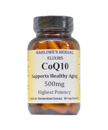 Barlowe's Herbal Elixirs CoQ10 | Ubiquinone | Hi-Potency | 500 mg Per Capsule | Stearate-Free | Encased in Recyclable Glass Bottle | Heart Health Support | 60 Veggie Capsules