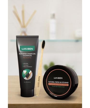 Luis Bien - Activated Charcoal Teeth Whitening & Care Kit - Bright Smile & Fresh Breath - Powder Toothpaste and Bamboo Toothbrush - 50g/75ml - Buy Online on GoSupps.com
