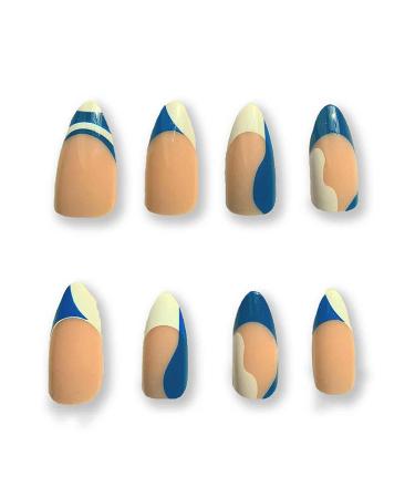 Sankki Almond French Tip Press on Nails - 24Pcs Blue White Abstract Design | Medium Length Nude False Nails for Women and Girls - Buy Online on GoSupps.com