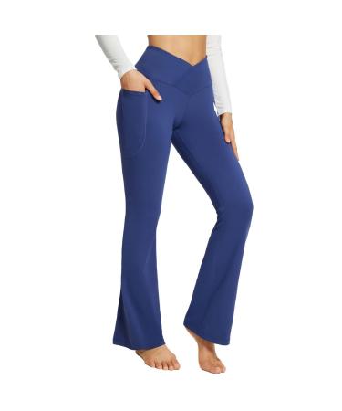 Napoo Yoga Pants for Women Solid High Waisted Leggings with Pockets Elastic Control Joggers Plain Color Gym Pants Blue-d Large