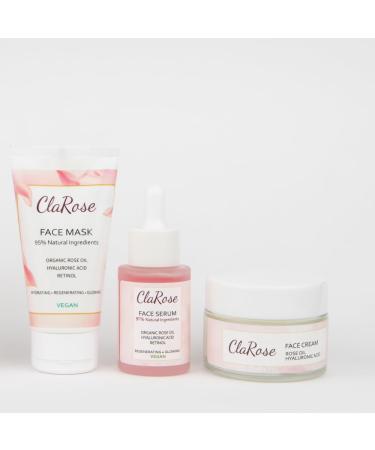 ClaRose Anti-Ageing Gift Bag for Her with Face Serum Eye Cream Face Cleaning Gel and Face Mask with 100% Natural Rose Oil and Hyaluronic Acid ANTI-AGING SET