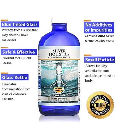 Silver Holistics Colloidal Silver Liquid 10PPM Solution - 16 oz Glass Bottle - Immune Support Supplement - Buy Online on GoSupps.com