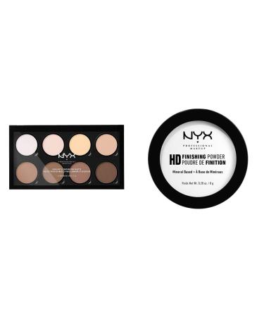NYX Professional Makeup Highlight & Contour Pro Palette & High Definition Finishing Powder pressed powder perfected skin matt finish oil -absorbing vegan formula color: translucent powder contours set bundle with finishing powder