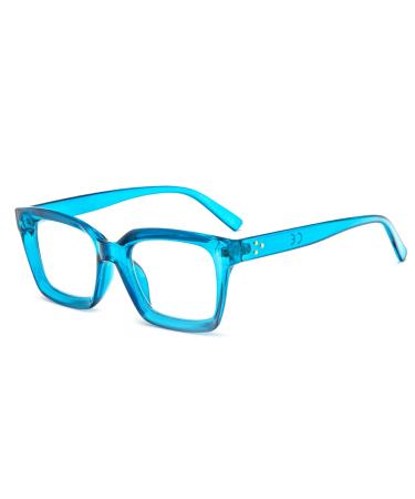 MMOWW Oversized Reading Glasses for Women - Anti Blue Light Glasses with Square Frame (Transparent Blue 1.5) Transparent Blue 1.5 x