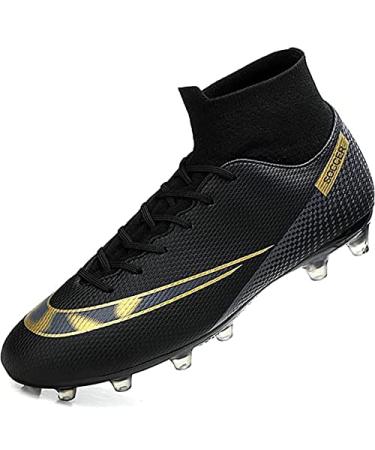 UYO Men's Soccer Cleats with High-Tops Lace-Up Non-Slip Spikes Ankle-Cuff Indoor Outdoor Baseball Athletic Professional Firm Ground Turf Football Shoes 12.5 Women/11 Men Black