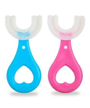2Pcs Kids Toothbrushes U Shaped Toothbrush 360 All-Round Cleaning Silicone Teeth Brush for Kids 2-6Years(Blue and Pink