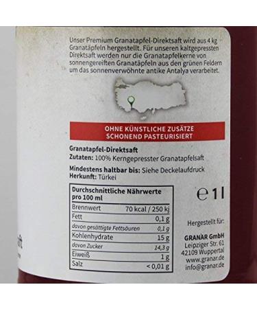 Granar 6-Pack 100% Pure Pomegranate Juice - 1L Cold-Pressed Unfiltered Natural Cloudy - International Shipping - Buy Online on GoSupps.com