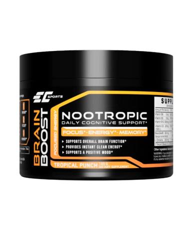 Brain Boost Tropical Punch Sweetened w/Stevia Supplement for Focus Faster Processing Energy & Performance w/ 18 Nootropics - 30 Servings Tropical Blast Sweetened with Stevia