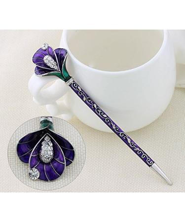 Chinese Traditional Classical Hair Pins Stick Crystal Antique Lotus Fork Hairpin hair Sticks hair Chopsticks wedding Hair Jewelry (PURPLE)