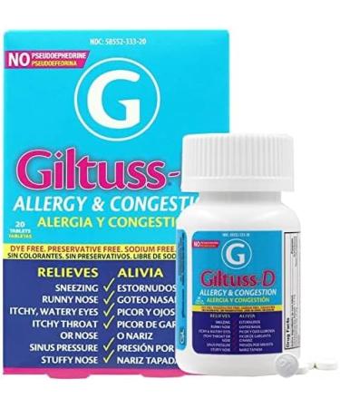Giltuss-D Allergy and Congestion Tablets - Relief for Sneezing, Runny Nose, Watery Eyes, Sinus Pressure, Stuffy Nose, Itchy Throat - Dye-Free, Sugar-Free - 20 Count Bottle - Buy Online on GoSupps.com