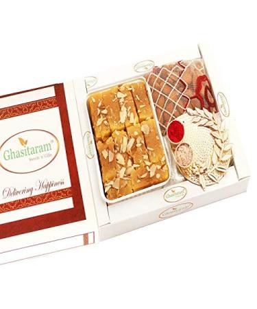 Ghasitaram Gifts Bhaidooj Gifts Bhaidooj Sweet - Mysore Pak Pooja Thali and Almonds Pouch