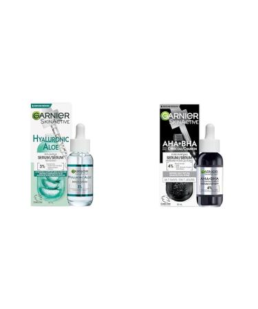 Garnier Aloe Vera Serum With Hyaluronic Acid and Aloe Replumping and Hydrating & Charcoal Serum Pore-Purifying Mattified Looking Skin With 4% AHA + Salicylic Acid + Niacinamide Anti-Blemish