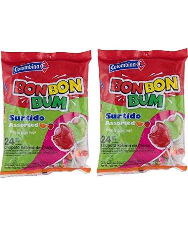 Bon Bon Bum - Bubble Gum Filled Lollipops by Colombina Bonbonbum Assorted flavour 2 bags x 24 lollipops 48 units total 24 Count (Pack of 2)