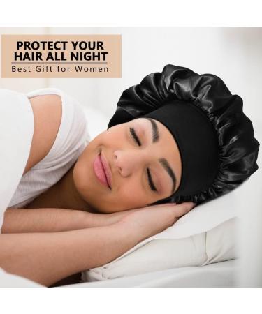 AliLeader 2Pcs Silk Hair Bonnet for Sleeping - Black+Leopard | Soft Satin Sleep Cap for Curly Hair - Buy Online on GoSupps.com
