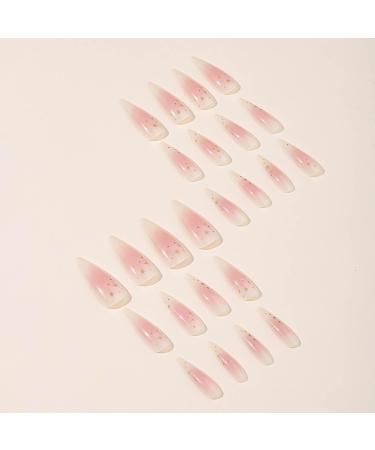 Shop 24Pcs Almond Press on Nails - Long Stiletto Faux Nails Pink Ombre Acrylic with Gold Star Designs - Cute Summer Nails for Women - Buy Online on GoSupps.com