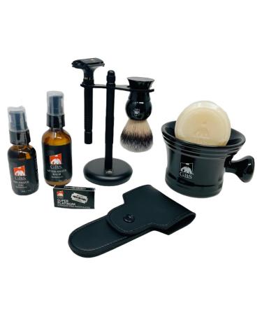 G.B.S Men's Shaving Set Short Handle Heavy-duty Rubber Coated DE Razor and Mug Natural Soap Blades Shaving Brush and Razor Stand After Shave Balm Pre-Shave Oil