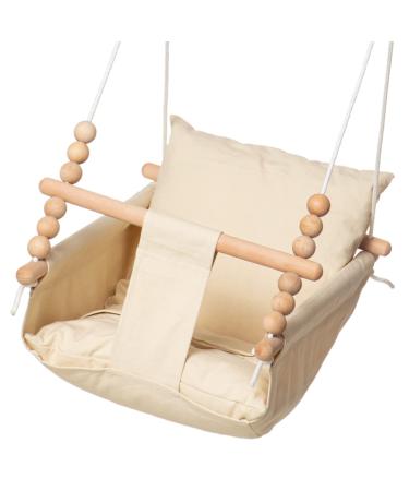 Frobel Baby Hammock Swing for Infants and Toddlers 6 to 48 Months, Canvas Baby Swing with Safety Belt and Mounting Hardware, Indoor Outdoor Durable Wooden Hanging Swing Seat, Beige