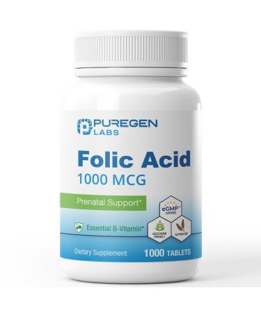Puregen Labs Folic Acid 1000 mcg Tablets | Vitamin B9 | Non-GMO | Gluten Free | Value Size 1000 Tablets