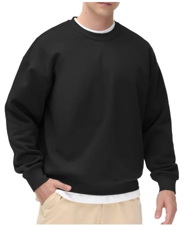THE GYM PEOPLE Men's Fleece Crewneck Sweatshirt Thick Loose fit Soft Basic Pullover Sweatshirt Black Large