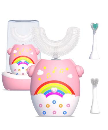 Tasselily U Shaped Toothbrush Kids Electric Toothbrushes, Ultrasonic 360 Cleaning with 3 Brush Heads, 5 Cleaning Modes, IPX7 Waterproof, 45S Smart Reminder, Pink Rainbow Cartoon Design Ages 2-6