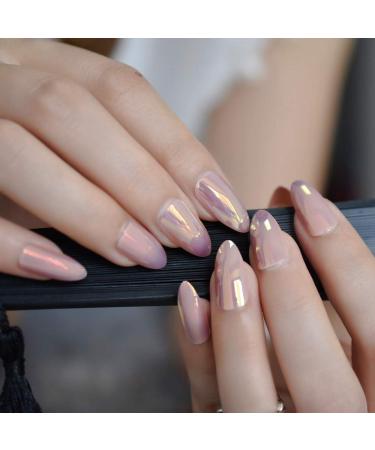 Medium Shiny Misty Rose Full Cover Almond Fake Nails - Elegant Duo Chrome Design for Sexy and Simple Nail Art - Buy Online on GoSupps.com
