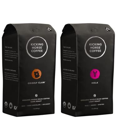 Kicking Horse Coffee Grizzly Claw Dark Roast Whole Bean 1 lb - Certified Organic Fairtrade Kosher Coffee & Hola Light Roast Whole Bean 1 lb - Certified Organic Fairtrade Kosher Coffee