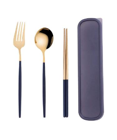 Stainless Steel Cutlery Fork Spoon Chopsticks Three Piece Student Travel Storage Box Portable Cutlery Set Blue