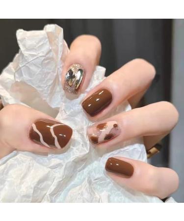 24Pcs/Set Press On Nails Brown Short Sparkling Diamond Leopard Print False Nails Acrylic Fake Nails Full Cover Nails Tips Artificial Finger Manicure Press on nails for Women and Girls