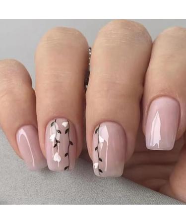 Press On Nails Medium Square With Glue Nude with Leaf Designs Acrylic Fake Nails For Women And Girls 24PCS Willow