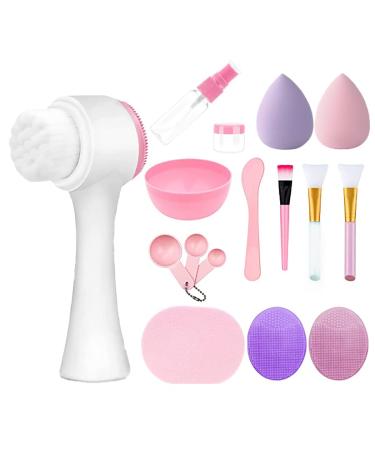 detaiyirongshangmao Set of 16pcs Facial Tool Double-sided silica gel cleansing brush  Face Mask Mixing Bowl Set with Makeup Sponge Multicolor