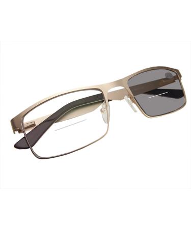 Circleperson Men Photochromic Light-sensible Reading glasses Sun readers spring hinges 55-17 UV protection Gold / Lined Bifocals:top Plano--0 1.5 x