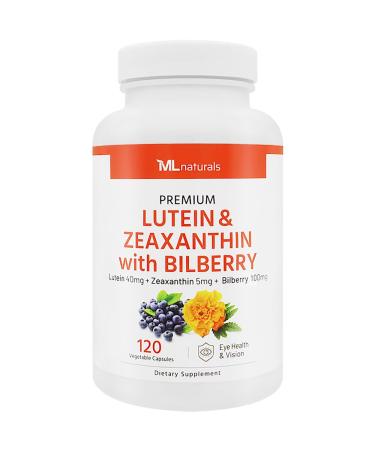 ML Naturals Premium Lutein & Zeaxanthin with Bilberry 120 Vegetable Capsules. Lutein 40 mg Zeaxanthin 5 mg and Bilberry 100 mg. Premium Quality. Healthy Eyes & Vision Third-Party Lab Tested 120 Count (Pack of 1)