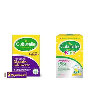 Culturelle Pro Strength Daily Probiotic Capsules 60 Count & Kids Probiotic + Fiber Packets 24 Count