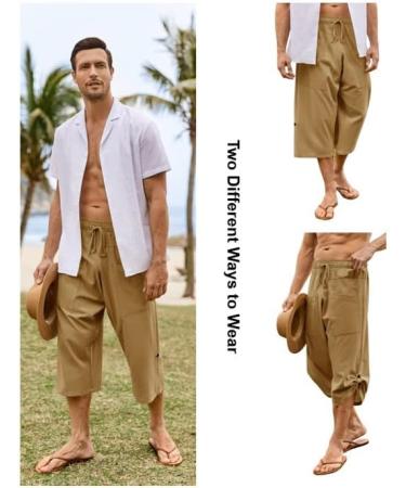 Gafeng Men's Yellow Yoga Capri Pants | Elastic Waist Drawstring | Cotton Linen | Boho Harem 3/4 Pants with Pockets - Large L - Buy Online on GoSupps.com