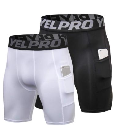 Compression Shorts Men 3 Pack Dry Fit Compression Underwear Spandex Running Shorts Mens Workout Athletic Short Pocket 2 Pack # Black+white Large