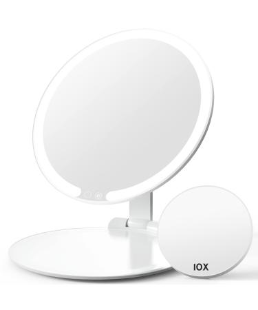 Makeup Mirror with Lights, 8" Foldable Lighted Makeup Mirror for Travel, 46 LED Dimmable Vanity Mirror with 10X Magnification Pocket Mirror, Portable Rechargeable Make Up Mirror, 3 Light Colors White Foldable
