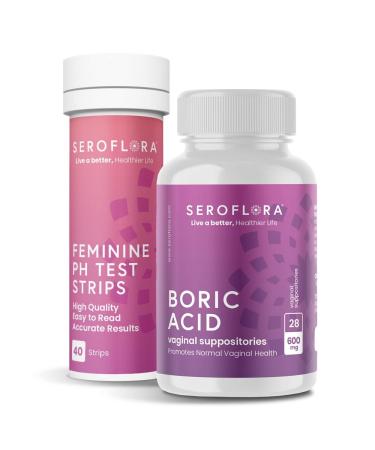 Seroflora Boric Acid Vaginal Suppositories 600mg (28ct) & 40 pH Test Strips for Women - Supports Vaginal Odor Control