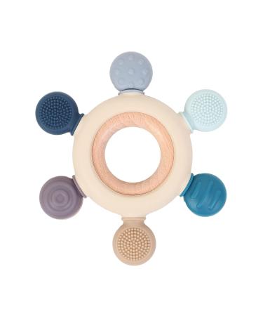 Cuebo Silicone and Wood Baby Teething Toys Food Grade Silicone Teether Ring for 3+ Months Babies Roulette Shape Sensory Toy BPA Free Teehing Pain Relief (Gray)
