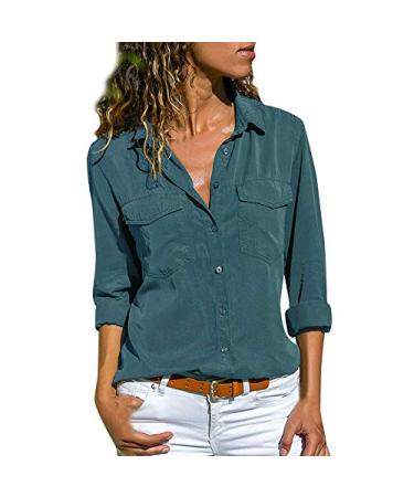 MALAIDOG Womens Fashion Boyfriend Western Shirts Office Work V Neck Collared Blouses Button Down Long Sleeve Tops with Pocket Blue Large