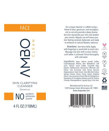 A.M.B.O. Arrest My Body Odor A.M.B.O. Clean Skin Clarifying Cleanser | Clean-Label Facial Cleanser with Aloe, Geranium & Eucalyptus | Removes Oil, Makeup & Buildup | Vegan & Cruelty-Free - Buy Online on GoSupps.com