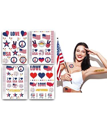 Terra Tattoos Fourth of July Temporary Tattoo Set, 75 Red White Blue & Metallic Designs for Labor Day Memorial Day Independence Day USA Party, American Flag Stars Peace Love & More 4th of July