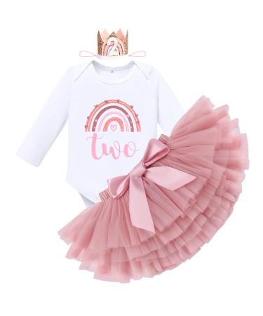 FYMNSI Boho Rainbow First Birthday Outfit for Baby Girl Cake Smash Photo Shooting Romper Tutu Skirt Headwear 3pcs Set 2 Years Dusty Pink Crown Two