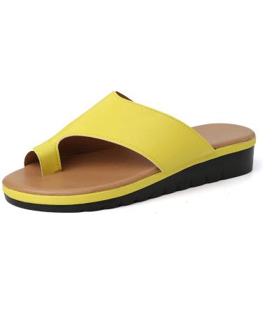 Women Shoes PU Leather Retro Slippers Summer Comfy Flat Sole Ladies Casual Soft Big Toe Foot Correction Sandal for Orthopedic Bunion Corrector for Woman 8 Yellow