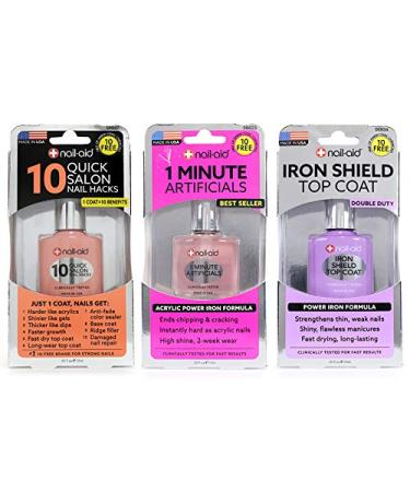 Nail-Aid 3pk Of 10 Quick Hacks + 1 Minute Artificials + Iron Shield Top Coat, Clear, N/A, 1.65 Fl Ounce - Buy Online on GoSupps.com